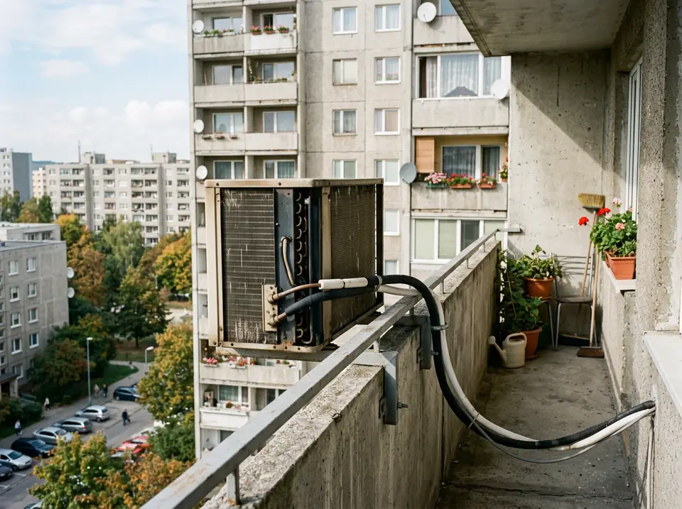 Kültéri klímaegység panelház erkélykorlátjára szerelve