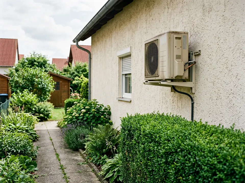 Kertes ház oldalfalára szerelt kültéri klímaegység