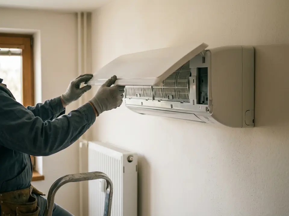 Szerelő kesztyűs keze kinyitja a beltéri klímaegység előlapját a szűrő tisztításához